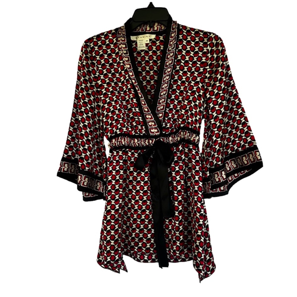 Studio M 100% Silk Top Red Black Flowy Shirt Size M
